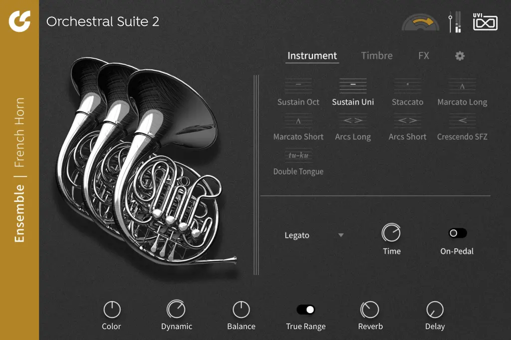 Orchestral Suite 2のフレンチホルンのアンサンブルの画面（UVI公式サイトより）。奏法の一覧とLegatoの切り替え
