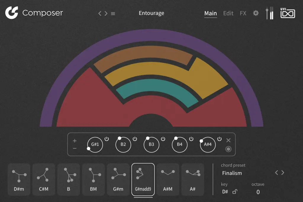 Orchestral Suite 2のComposerのメイン画面（UVI公式サイトより）。半円に5つの楽器の層、下に8つのコードの枠