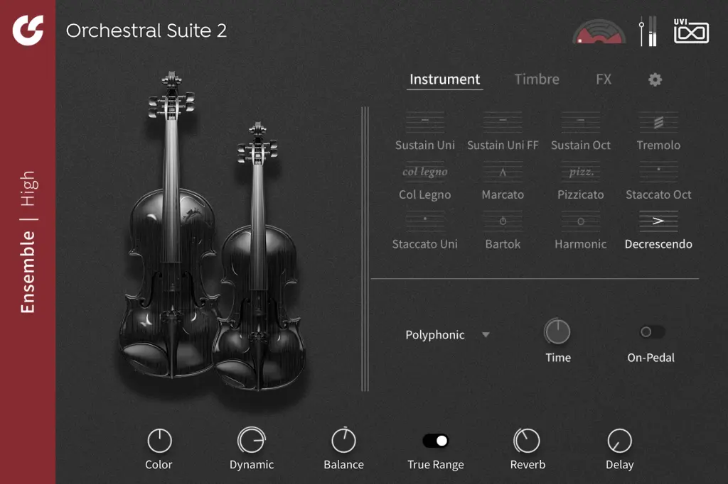 UVI Orchestral Suite 2の弦楽アンサンブル（High）の画面（UVI公式サイトより）。右に奏法の一覧、下にColor・Dynamic・Balance・True Range・Reverb・Delayのつまみ