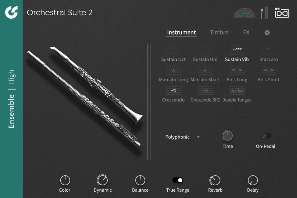 Orchestral Suite 2の木管アンサンブル（High）の画面（UVI公式サイトより）。フルートとクラリネットの奏法の一覧