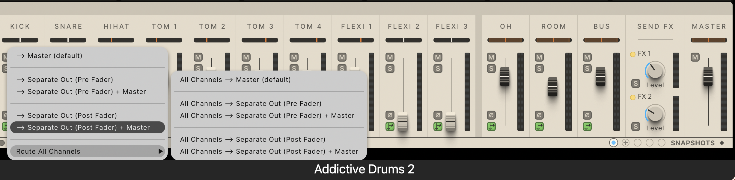 Addictive Drums 2のミキサーで出力の割り当てを開き、Separate Out（Post Fader）とRoute All Channelsのメニューを出したところ