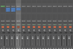 LogicのミキサーでAddictive Drums 2をkick・snare・hihat・TOM1〜4・OH・ROOM・BUSに分けたチャンネル。kickとsnareにPro-Q 4・Pro-C 3・UADx 1176