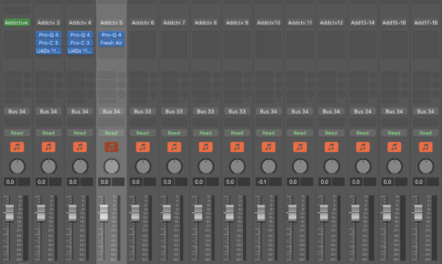 LogicのミキサーでAddictive Drums 2をkick・snare・hihat・TOM1〜4・OH・ROOM・BUSに分けたチャンネル。kickとsnareにPro-Q 4・Pro-C 3・UADx 1176