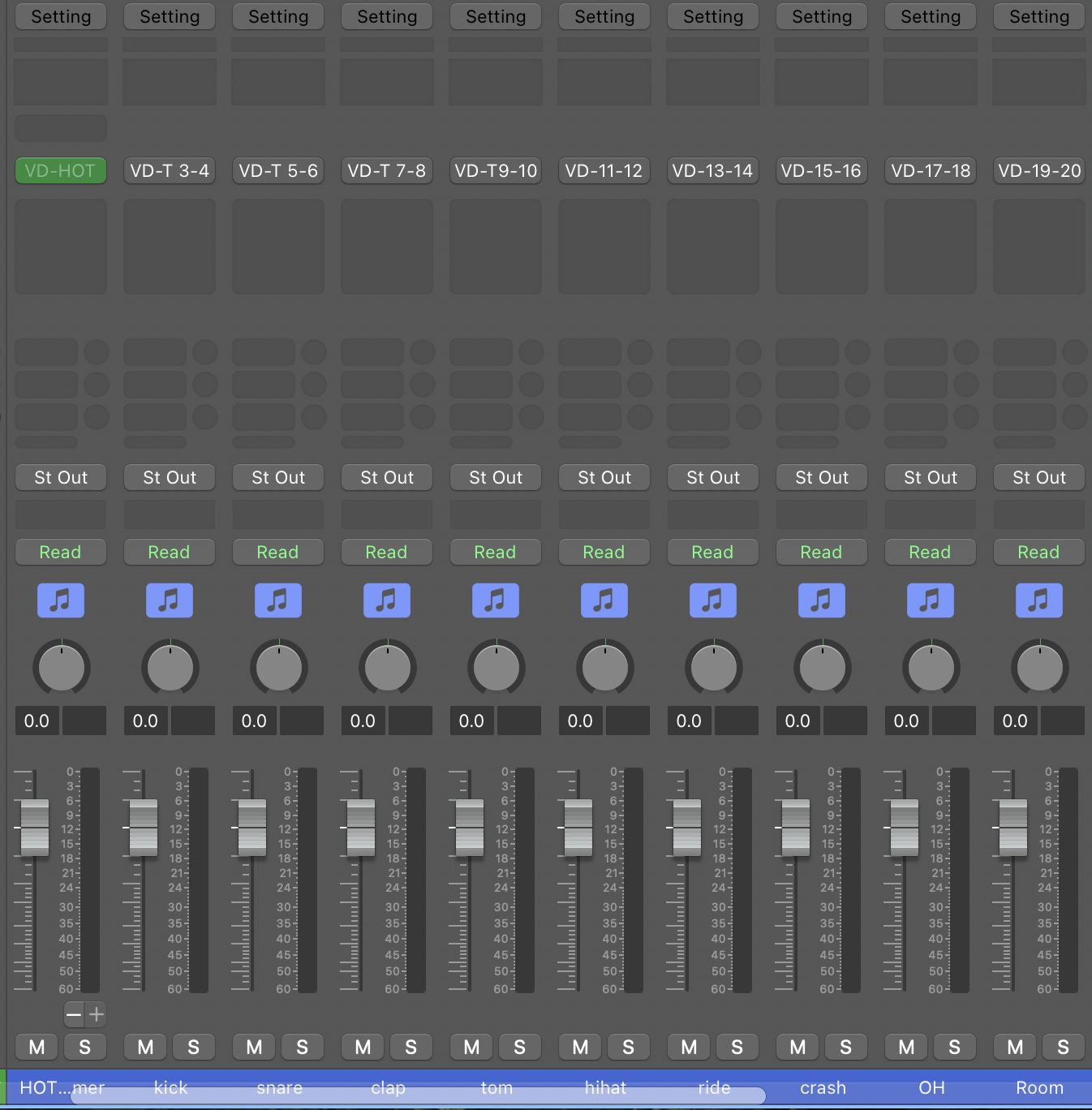 LogicのミキサーでVirtual Drummer HOTをkick・snare・clap・tom・hihat・ride・crash・OH・Roomに分けたチャンネル