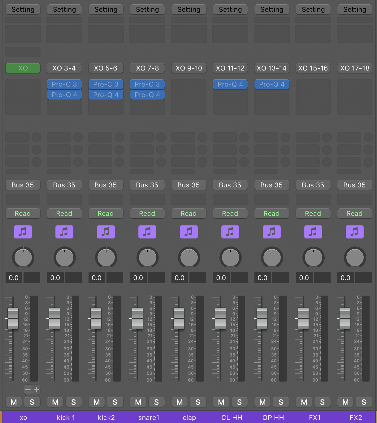 LogicのミキサーでXOをkick 1・kick2・snare1・clap・CL HH・OP HH・FX1・FX2に分けたチャンネル。キックとスネアにPro-C 3とPro-Q 4