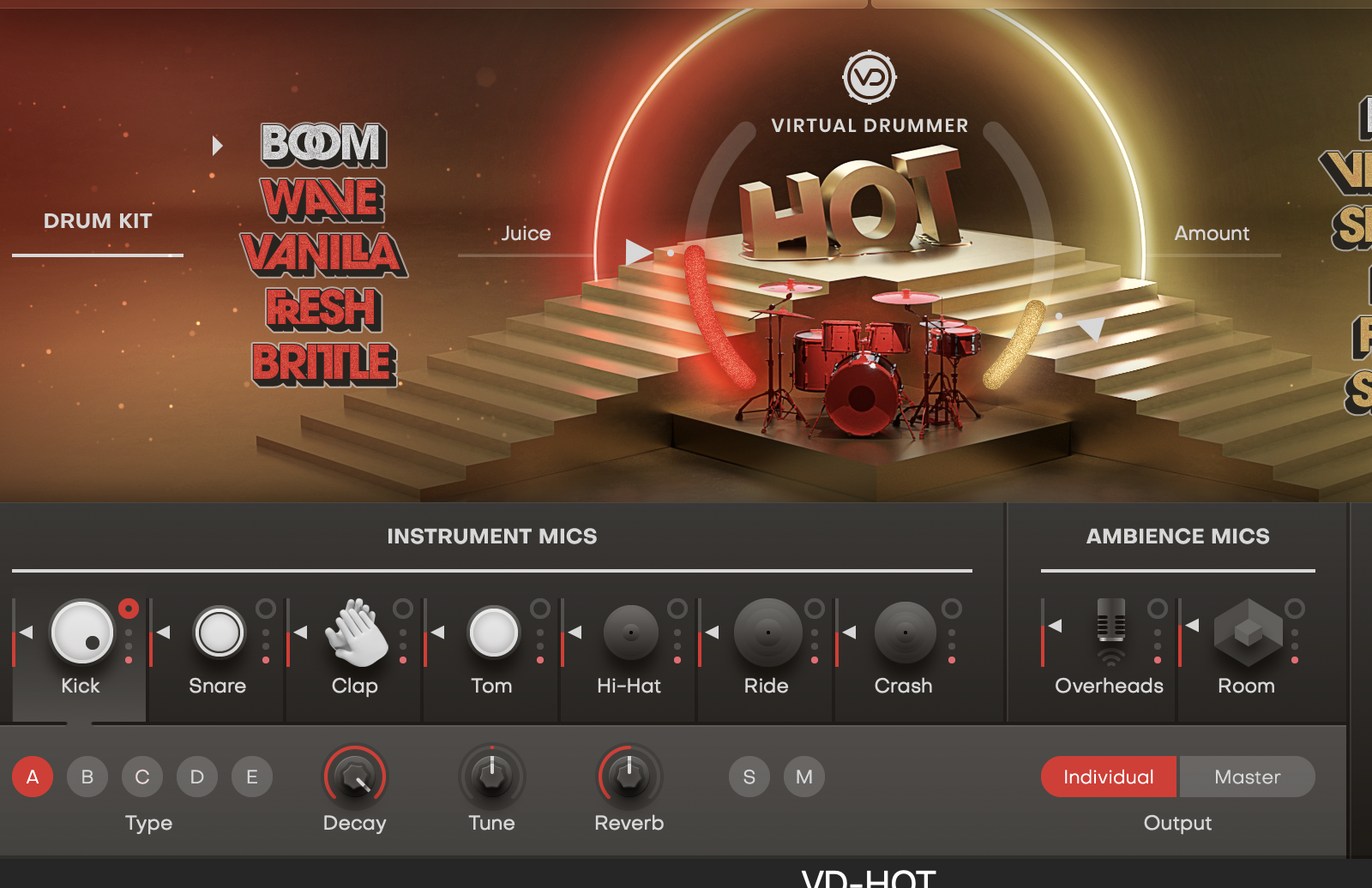 UJAM Virtual Drummer HOTの画面右下のOutputでIndividualを選んだところ