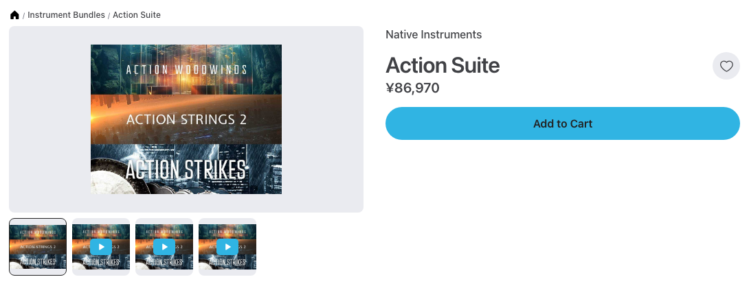 Plugin BoutiqueのAction Suiteの製品ページ。Action Woodwinds・Action Strings 2・Action Strikesのセット(2026年10月26日時点で¥86,970)