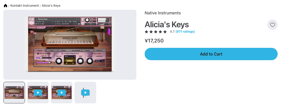 Plugin BoutiqueのNative Instruments Alicia's Keysの製品ページ（2026年10月7日時点で¥17,250・セールなし）