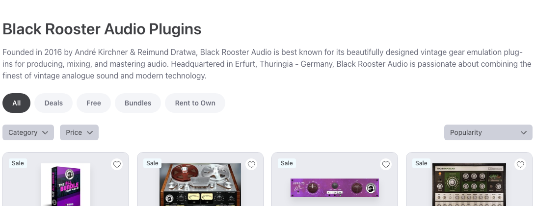 Plugin BoutiqueのBlack Rooster Audioのメーカーページ(2026年10月27日時点)