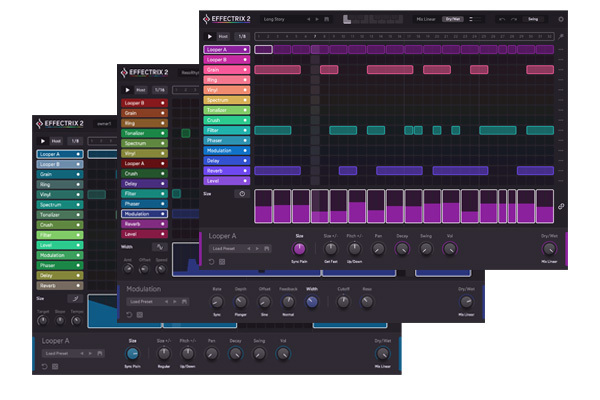 Effectrix 2の画面を3枚重ねた図。パターンごとにエフェクトの並びとブロックの置き方が違い、下にLooper AやModulationの設定が出ている（Plugin Boutiqueの製品ページより）