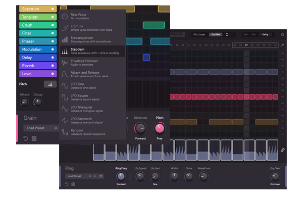 Effectrix 2のステップごとのモジュレーション選択メニュー。Raw Value・Stepsequencer・Steptrain・Envelope Follower・LFO・Randomなどから選べる（Plugin Boutiqueの製品ページより）