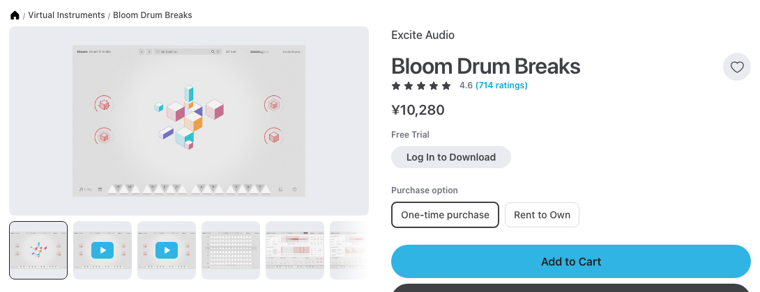 Plugin Boutique の Bloom Drum Breaks の製品ページ(2026年10月23日時点で¥10,280)