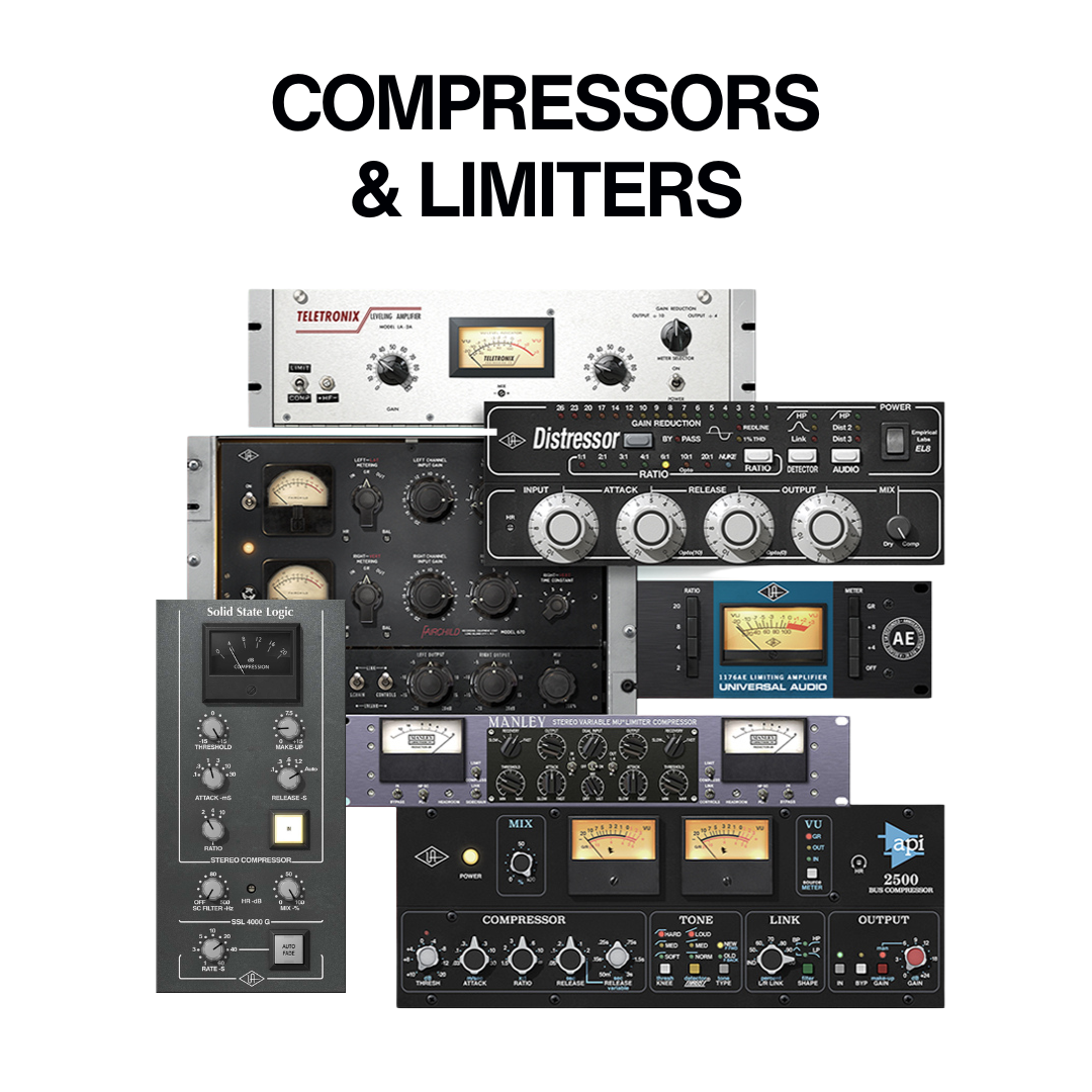 UAD Ultimate 14 に入っているコンプレッサー・リミッター(LA-2A・Distressor・1176AE・API 2500 など。Plugin Boutique の製品ページより)