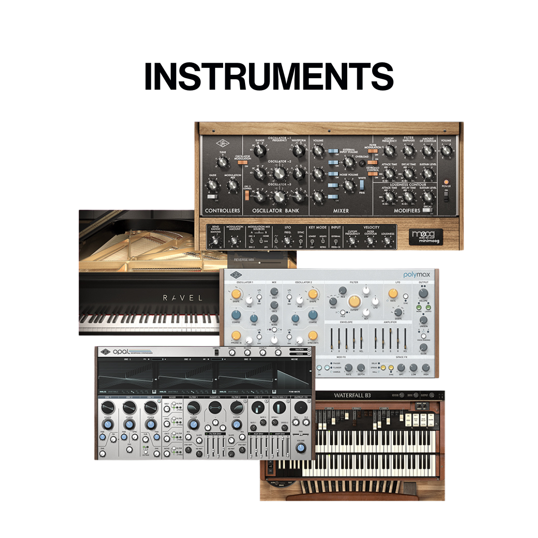 UAD Ultimate 14 に入っている音源(Minimoog・Ravel Grand Piano・PolyMAX・Opal・Waterfall B3。Plugin Boutique の製品ページより)