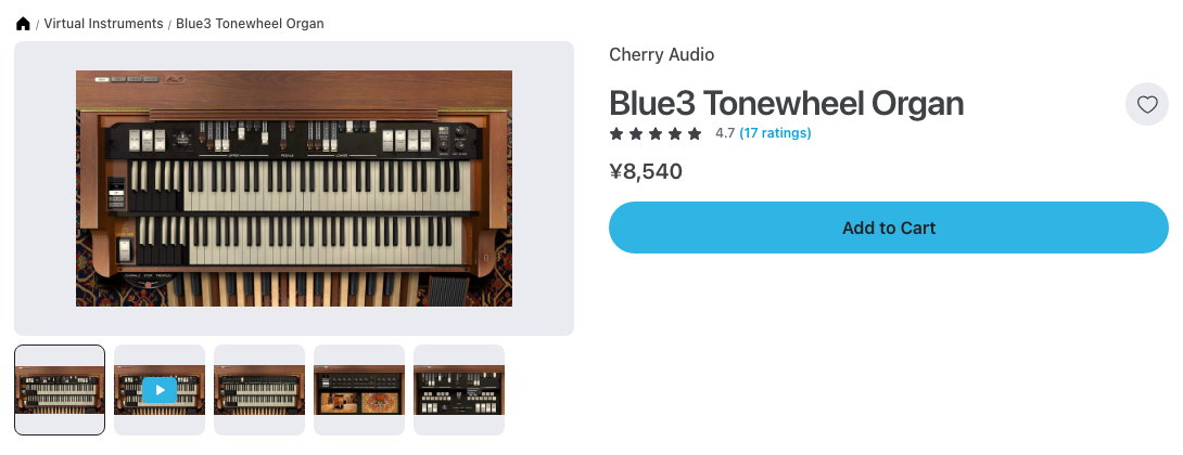 Plugin BoutiqueのCherry Audio Blue3 Tonewheel Organのページ（2026年10月22日時点で¥8,540）