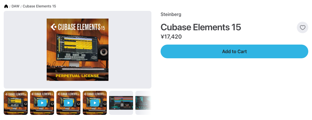 Plugin BoutiqueのCubase Elements 15の製品ページ（2026年10月14日時点で¥17,420）。Windows・Macの両方で動くDAW