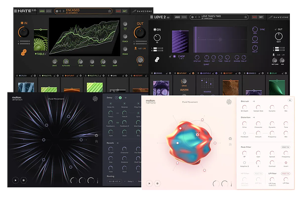 Dawesome x Excite Audio Effects Bundleの4本。上にHATEとLOVE 2、下にMotion: DimensionとMotion: Harmonic（Plugin Boutiqueの製品画像）