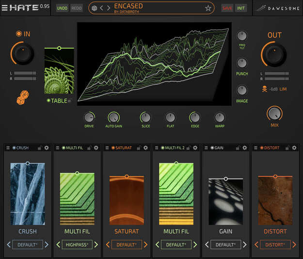 Dawesome HATEの画面。中央にウェーブテーブルの立体表示、下にCRUSH・MULTI FIL・SATURAT・GAIN・DISTORTなど6つのスロット（Plugin Boutiqueの製品画像）
