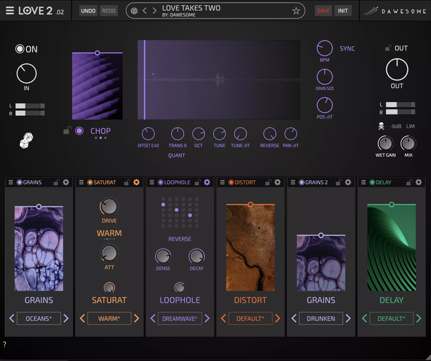 Dawesome LOVE 2の画面。上にグラニュラーの波形表示、下にGRAINS・SATURAT・LOOPHOLE・DISTORT・GRAINS 2・DELAYの6つのスロット（Plugin Boutiqueの製品画像）