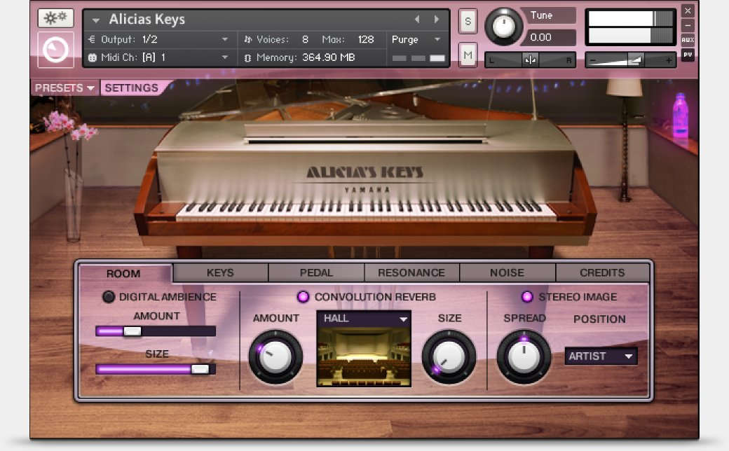 Alicia's KeysのKontakt上の画面。ROOMタブでコンボリューションリバーブ（HALL）やステレオイメージを調整できる（Plugin Boutiqueの製品説明の画像）