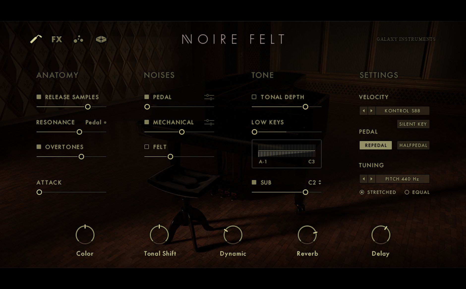 Noire Feltの画面。ペダルや鍵盤のノイズ、共鳴、低音のSUBなどを調整できる(Plugin Boutiqueの製品説明の画像)