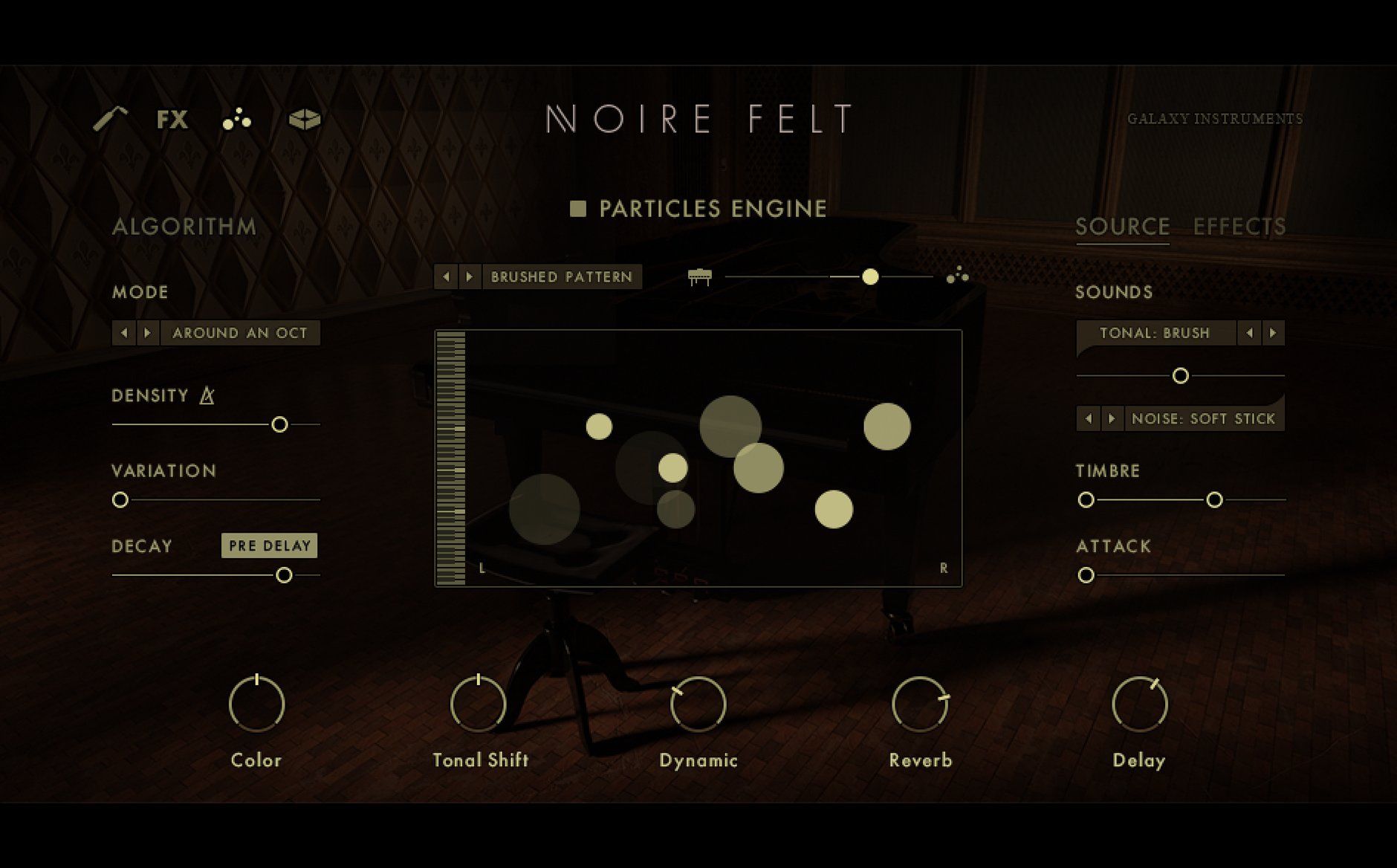 NoireのParticles Engineの画面。弾いた音から、きらきらした音の粒を自動で鳴らす(Plugin Boutiqueの製品説明の画像)