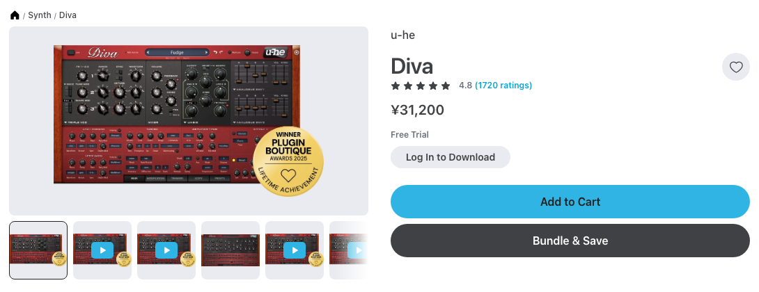 Plugin Boutique の u-he Diva 単体の商品ページ（2026年10月2日時点で¥31,200）