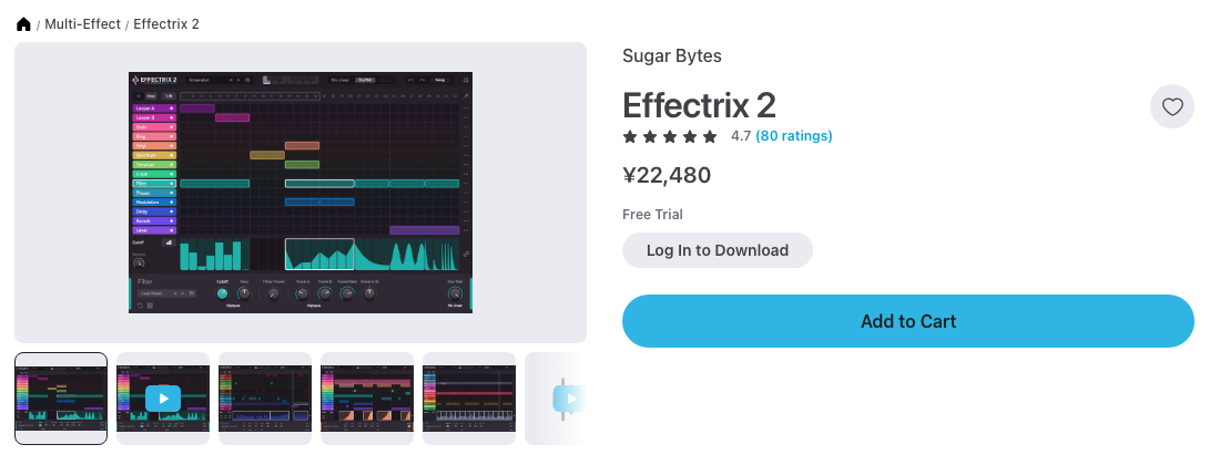 Plugin BoutiqueのEffectrix 2の製品ページ。無料体験版の案内とカートに入れるボタンがある（2026年10月7日時点で¥22,480）