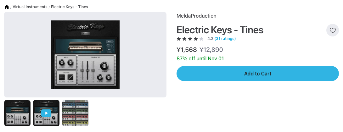 Plugin BoutiqueのElectric Keys - Tinesの製品ページ（2026年10月14日時点で¥1,568・通常¥12,890）