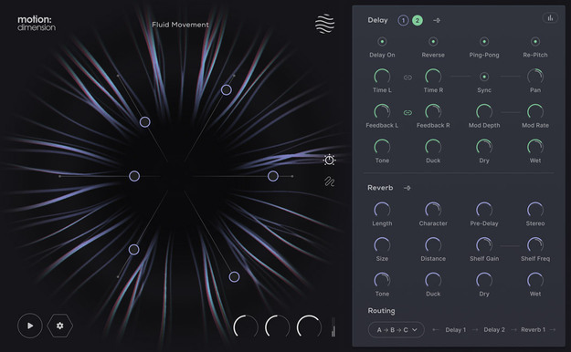 Motion: Dimensionの画面。左に六角形のコントローラー、右にDelayとReverbのつまみとRouting（Plugin Boutiqueの製品画像）