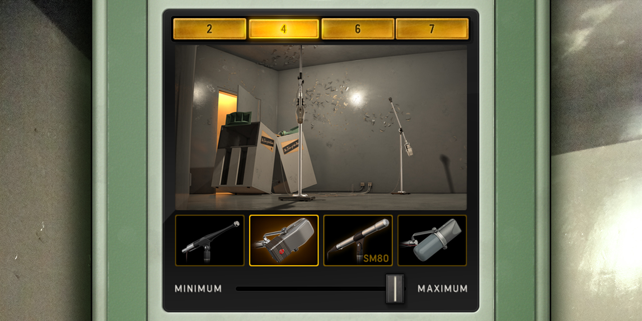 Capitol Chambers の部屋を選ぶ2・4・6・7のボタンと、4種類のマイク、MINIMUM〜MAXIMUMのマイク位置のスライダー(Plugin Boutique の製品説明の画像)
