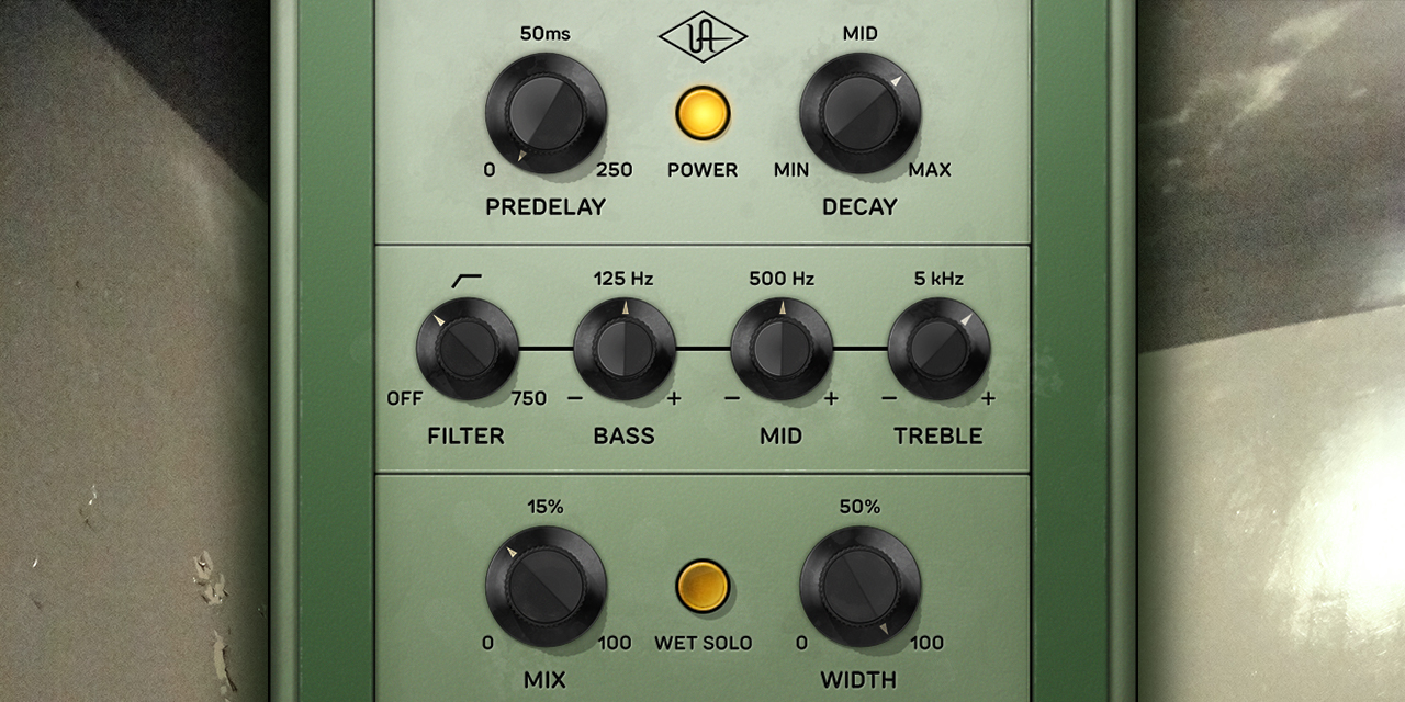 Capitol Chambers のつまみ。PREDELAY・DECAY、FILTER・BASS・MID・TREBLE、MIX・WET SOLO・WIDTH(Plugin Boutique の製品説明の画像)