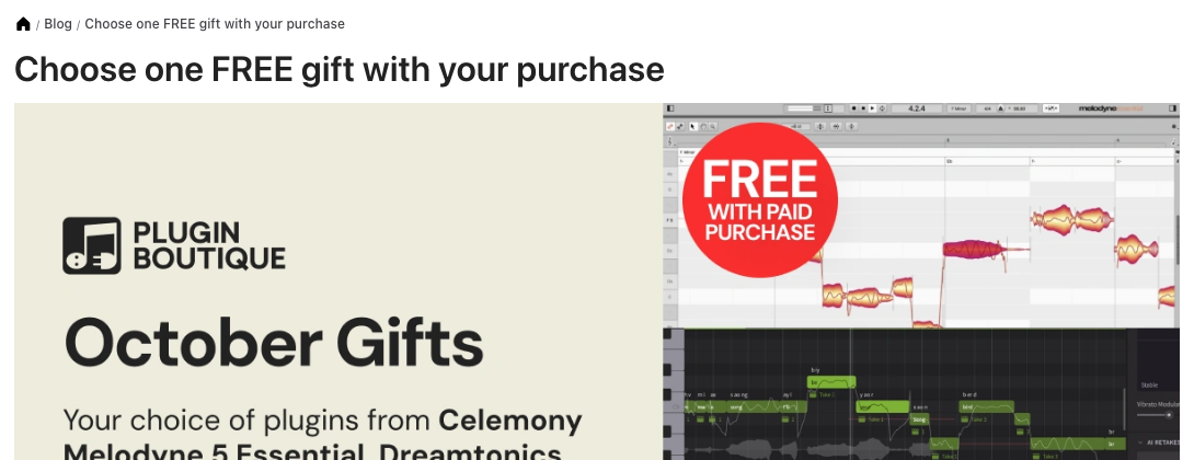 Plugin Boutiqueの「Choose one FREE gift with your purchase」ページ。有料の買い物をすると無料のプラグインを1つ選べる（2026年10月時点の特典）