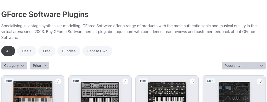 Plugin BoutiqueのGForce Softwareのメーカーページ(2026年10月21日時点)