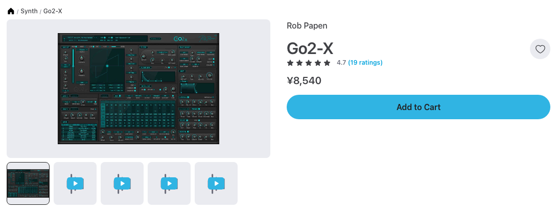 Plugin Boutique の Rob Papen Go2-X の製品ページ（2026年10月9日時点で¥8,540）