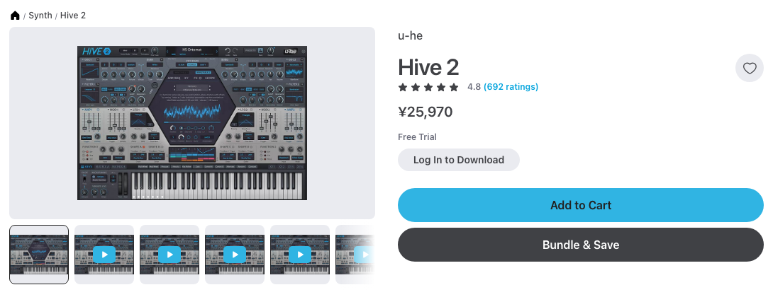 Plugin Boutique の Hive 2 単体の製品ページ(2026年10月11日時点で¥25,970・値引きなし)
