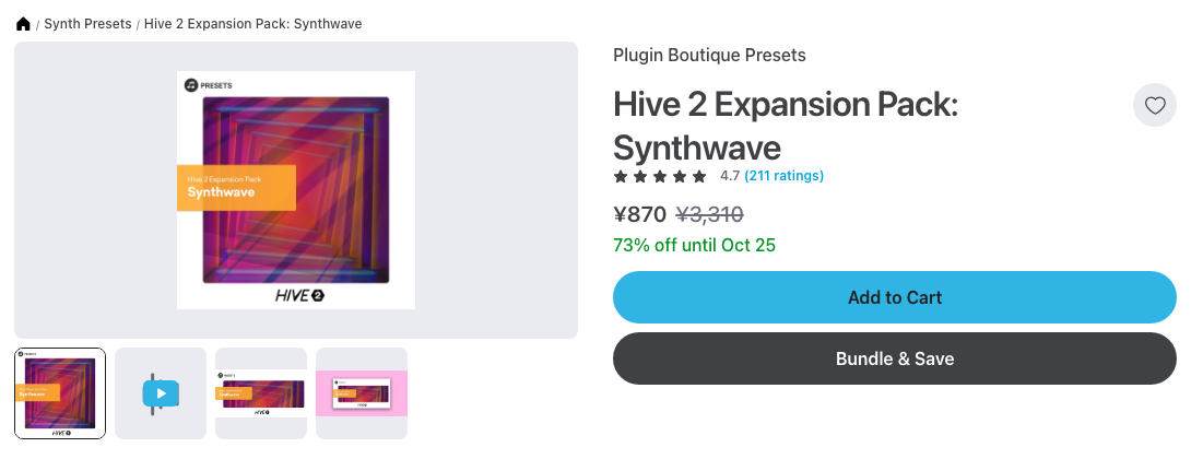 Plugin Boutique の Hive 2 Expansion Pack: Synthwave の製品ページ(2026年10月11日時点で¥870・73%オフ・10月25日まで)
