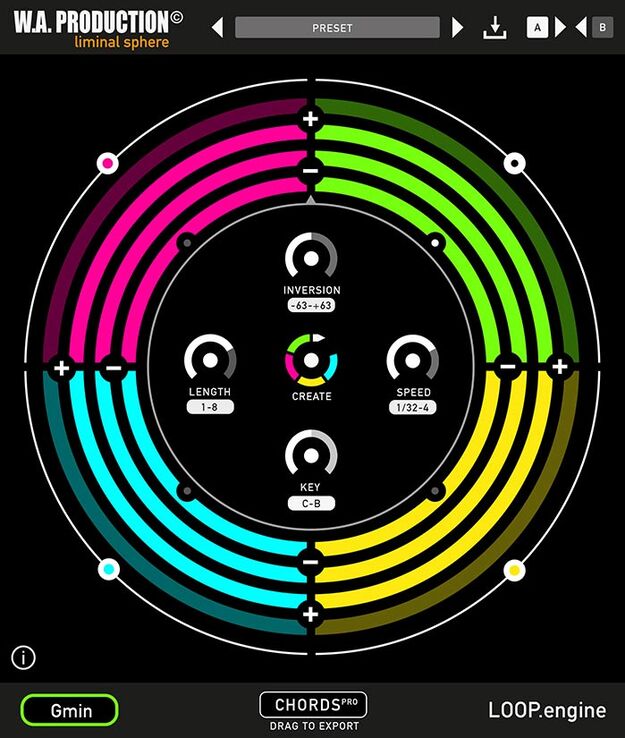 W. A. Production CHORDS PRO の画面。中央の CREATE ボタンと、上部の A/B 比較の切り替えがある（Plugin Boutique の製品画像）