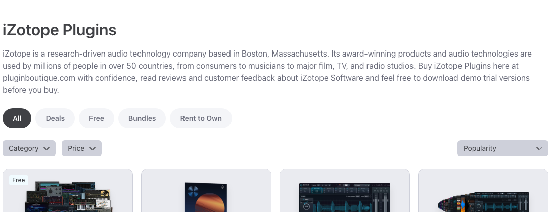 Plugin Boutique の iZotope の製品一覧ページ（2026年10月28日時点）。All・Deals・Free・Bundles・Rent to Own で絞り込める