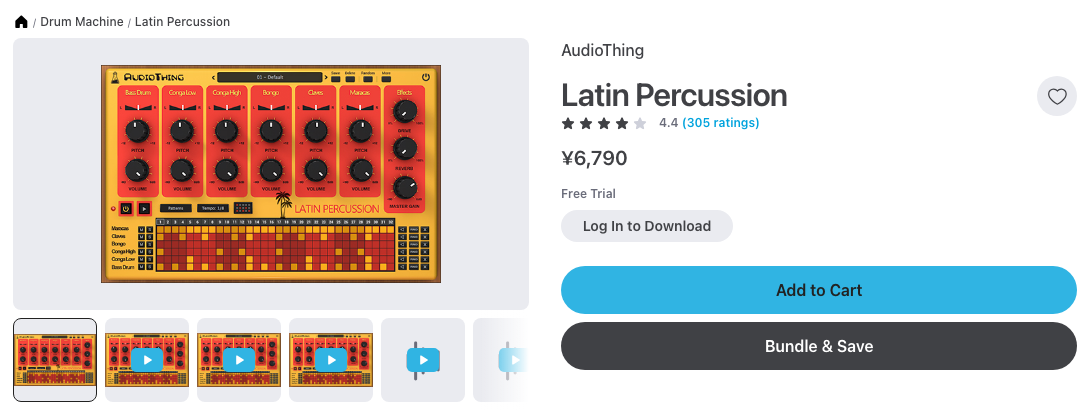 Plugin BoutiqueのAudioThing Latin Percussionの製品ページ。評価4.4（2026年10月8日時点で¥6,790）