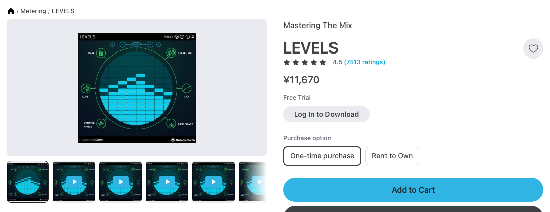 Plugin Boutique の LEVELS の製品ページ。ピーク・ステレオ・LUFS・LRA・ダイナミックレンジ・低域のメーターが円形に並ぶ（2026年10月9日時点で¥11,670）