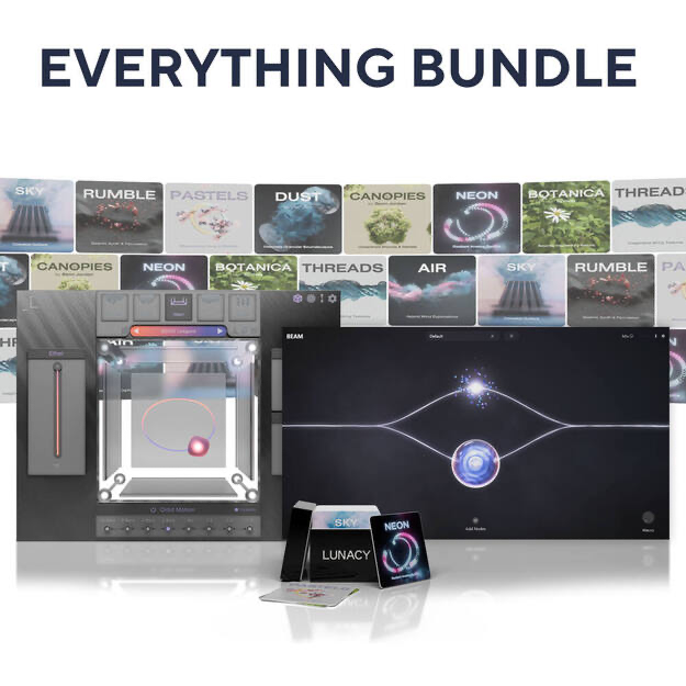 Lunacy の CUBE & BEAM Bundle の画像。CUBE と BEAM の画面と、Sky・Rumble・Neon などの拡張パックが並ぶ（Plugin Boutique の製品画像）