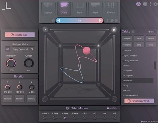 Lunacy CUBE の画面。立方体の中を玉が動き、下の Orbit Motion で動く速さを 16 Bars から 1/8 まで選べる（Plugin Boutique の製品画像）