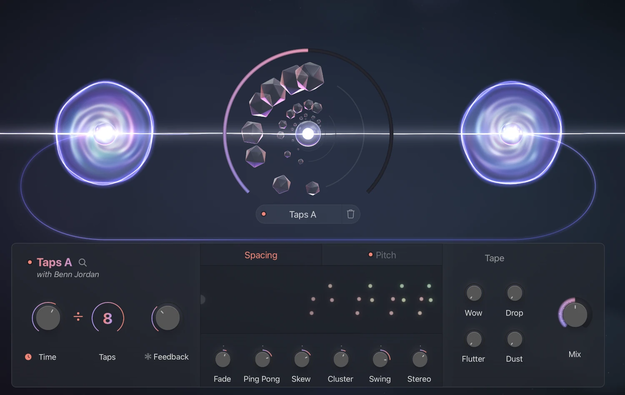 Lunacy Taps & Portals の画面。Taps A の、タップ数 8・Spacing・Pitch・テープの Wow や Flutter のつまみ（Plugin Boutique の製品画像）