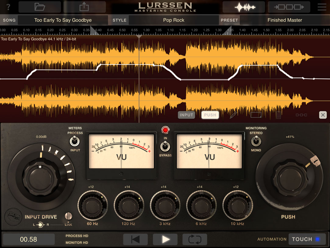 Lurssen Mastering Console の画面。上にSTYLE（Pop Rock）とPRESETの欄、下にINPUT DRIVE・2つのVUメーター・5つの帯域のつまみ・PUSHのつまみが並ぶ（Plugin Boutique の製品ページの画像）