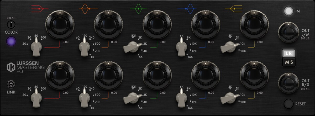 Lurssen Mastering EQ の画面。上下2段に5つずつのつまみ、左にCOLOR、右にLR／MSの切り替え（Plugin Boutique の製品ページの画像）