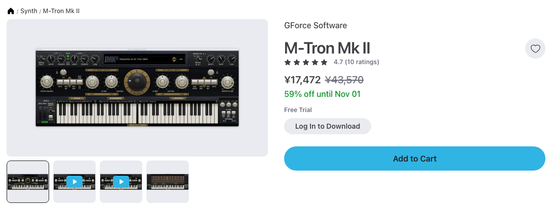 Plugin Boutique の GForce M-Tron Mk II の製品ページ（2026年10月28日時点で¥17,472・59%オフ）