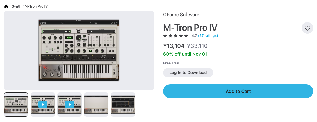 Plugin Boutique の GForce M-Tron Pro IV の製品ページ（2026年10月21日時点で¥13,104・60%オフ）