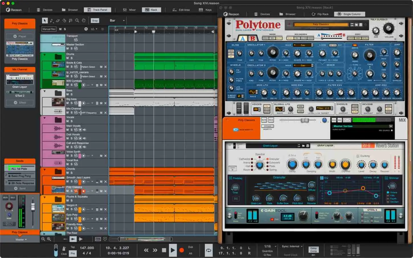 Reason 14 の画面。左に曲のトラックが並ぶシーケンサー、右に Polytone シンセや RV-9 Reverb Station を積んだラック（Plugin Boutique の製品画像）