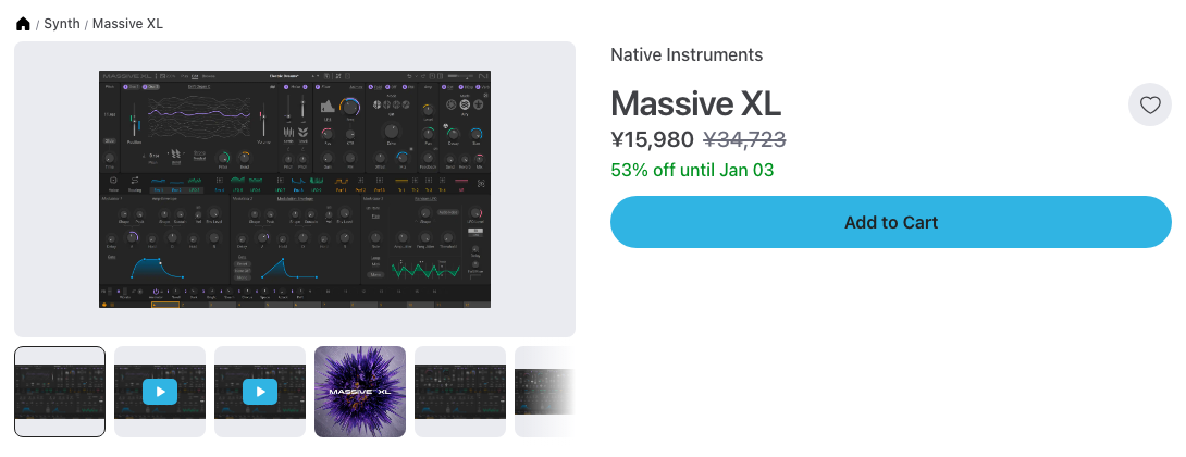 Plugin Boutique の Massive XL の製品ページ（2026年10月28日時点で¥15,980・通常¥34,723・53%オフ・2027年1月3日まで）